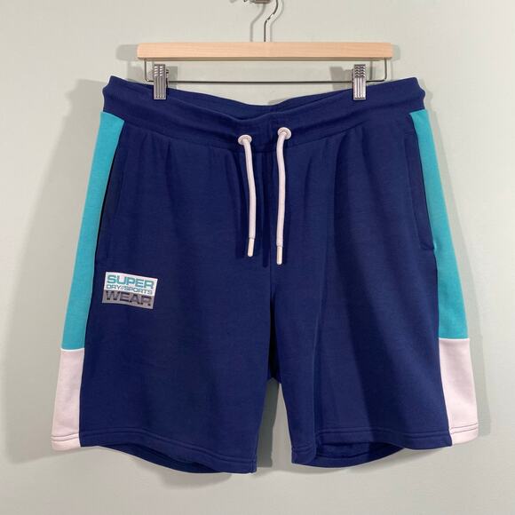 Superdry Men Blue Color Block Graphics Drawstring Sweat Shorts Size XL - Picture 1 of 9